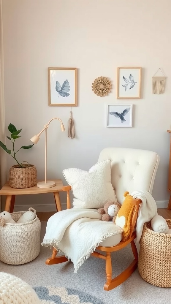 A cozy rocking chair in a nursery corner with decorative elements.