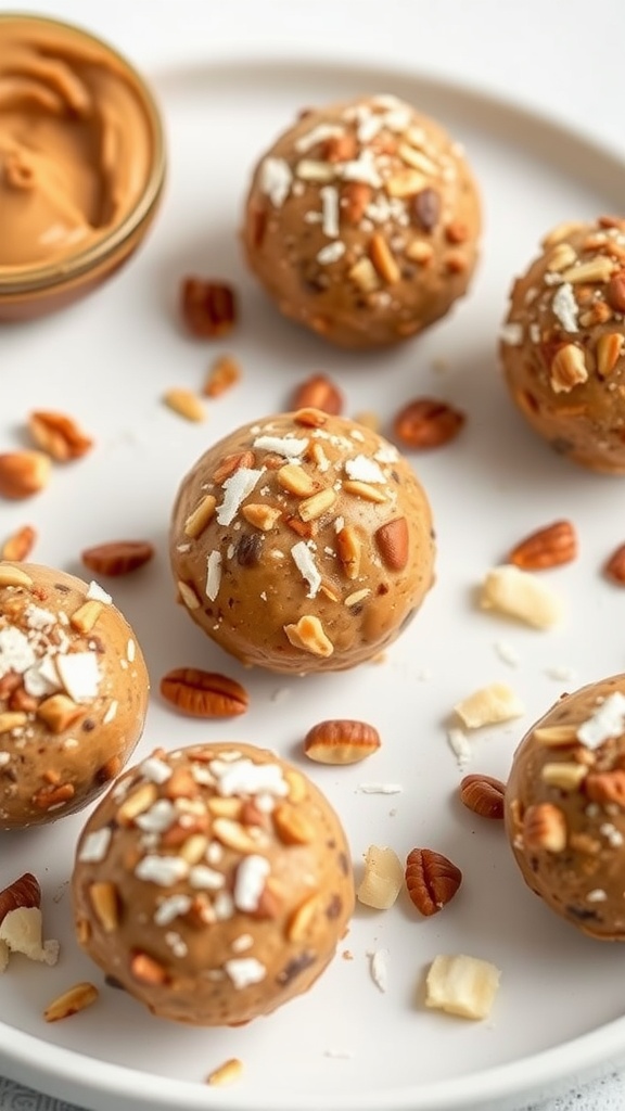 Nut Butter Energy Bites on a white plate with nuts scattered around.