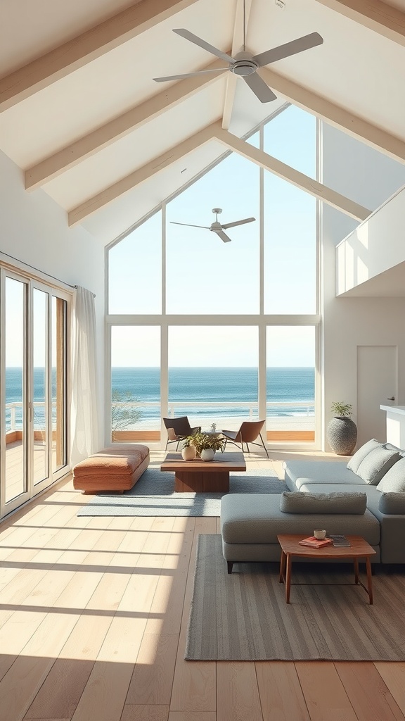 A bright open floor plan in a beach house featuring large windows with ocean views.