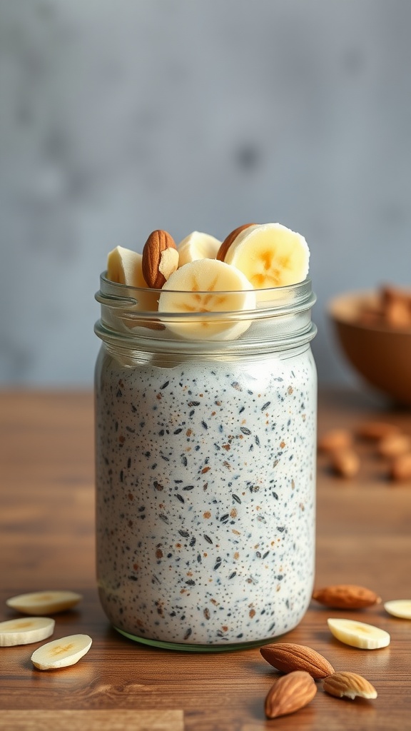 A jar of overnight chia seed pudding topped with banana slices and almonds.