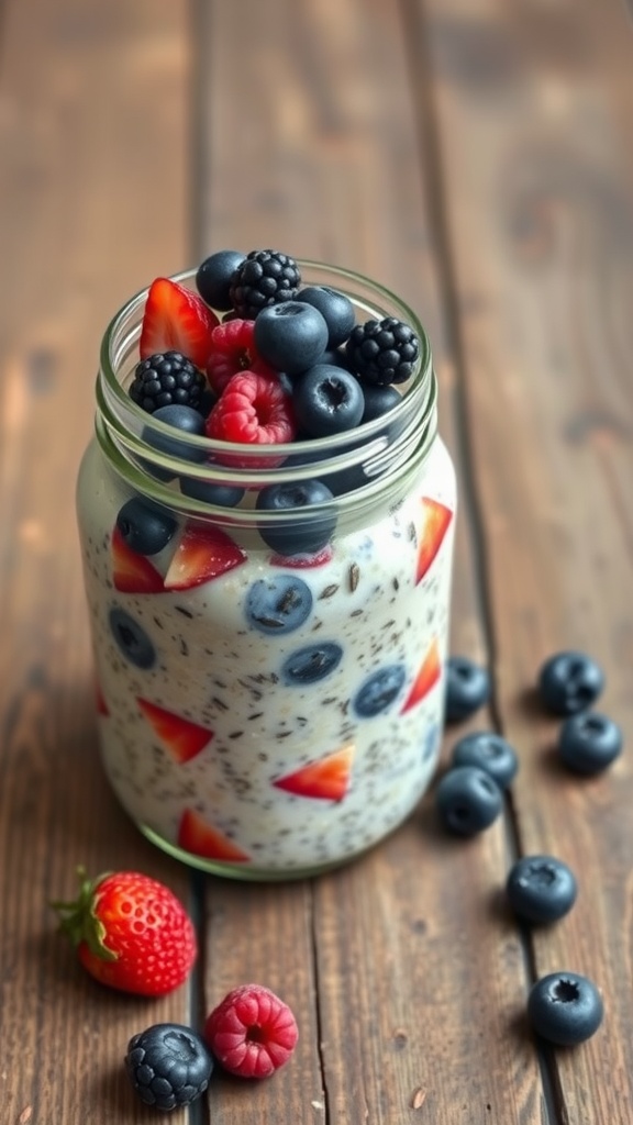 A jar of overnight oats topped with fresh berries and chia seeds.