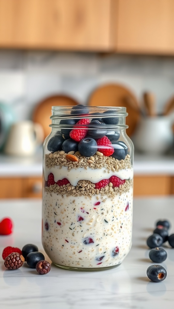 A jar of layered overnight oats with chia seeds, topped with mixed berries and nuts.