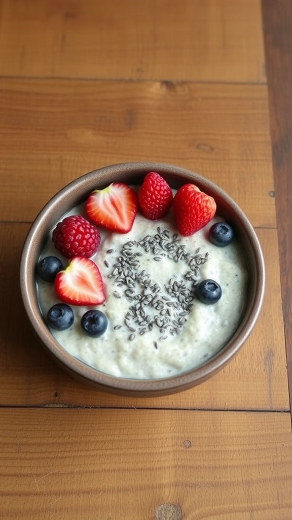 A bowl of overnight oats topped with fresh strawberries, raspberries, blueberries, and chia seeds.