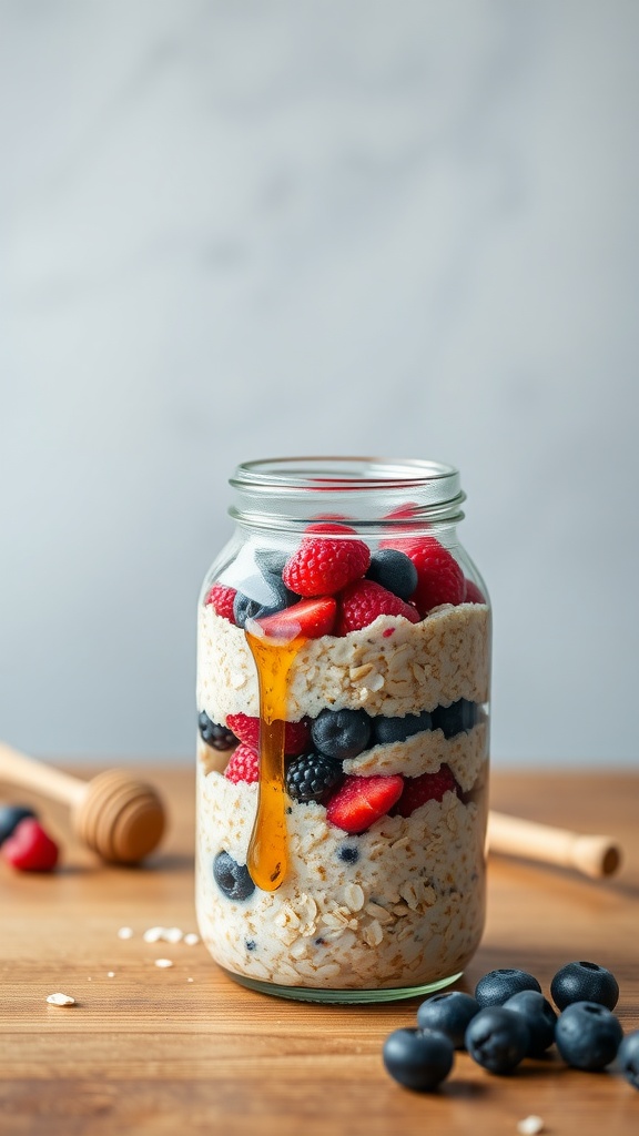 A jar of overnight oats layered with fresh berries and honey