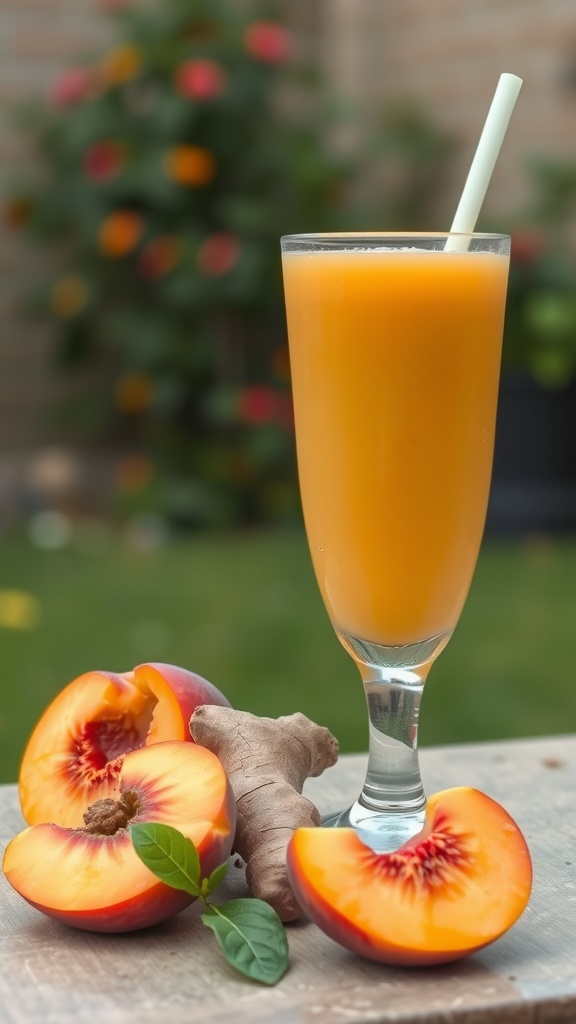 A refreshing peach and ginger smoothie in a glass with sliced peaches and ginger root nearby.