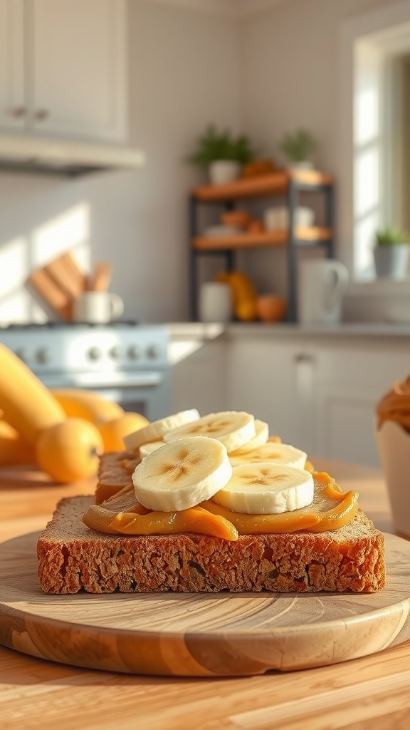 Peanut butter banana toast on whole grain bread, beautifully presented on a wooden board.