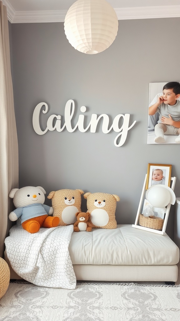 A cozy nursery corner with soft cushions and a calming decor theme.