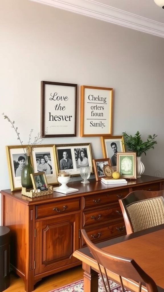 A dining room sideboard styled with family photos in various frames, featuring a vase and decorative items.