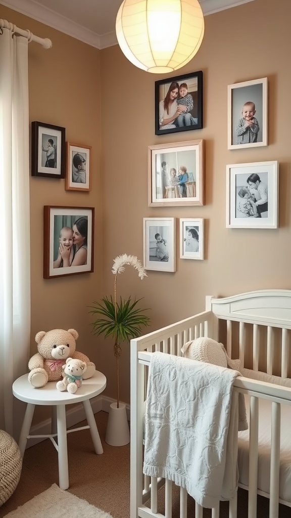 A cozy nursery corner featuring photo frames on the wall, a crib, and soft toys.