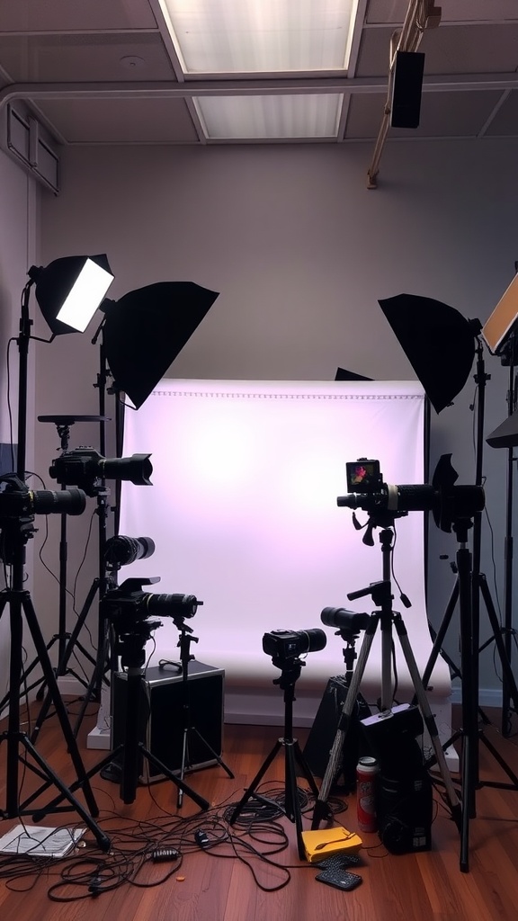 A photography corner with multiple cameras and soft box lights set up around a backdrop.