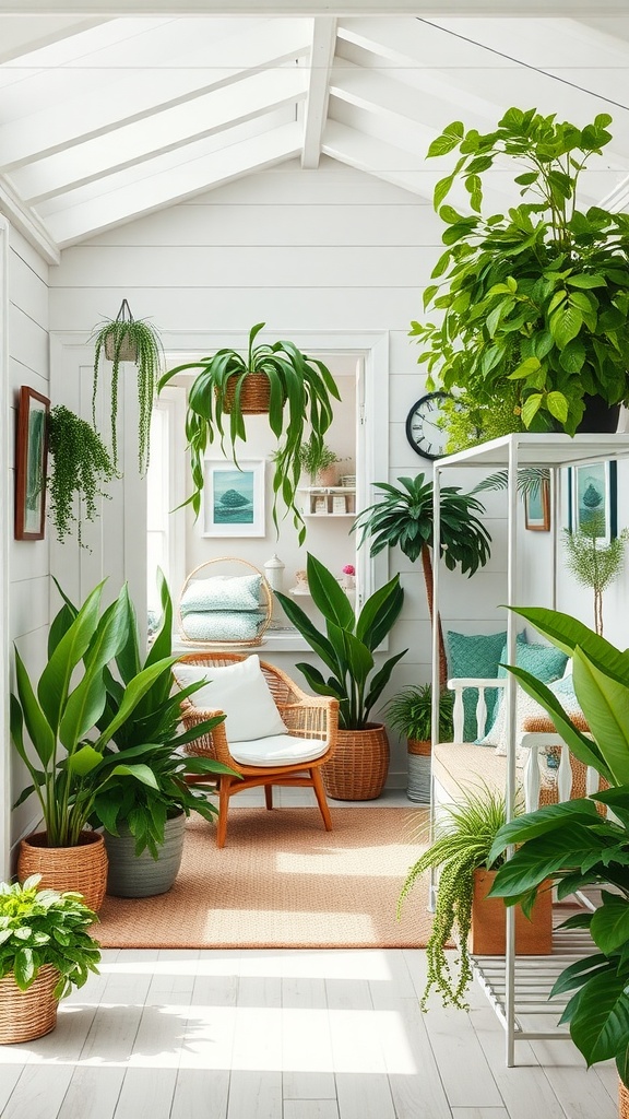 A bright and airy room filled with various indoor plants, showcasing a cozy seating area.