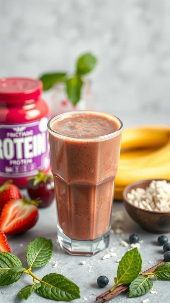 A protein-packed smoothie with bananas and berries in a glass, surrounded by fresh fruit and ingredients.