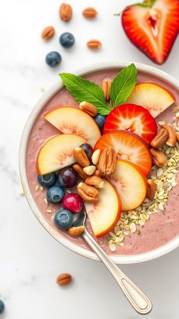 A colorful protein-packed smoothie bowl topped with fruits and nuts.