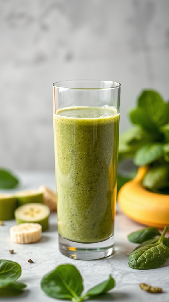 A green smoothie in a glass, showing spinach and other ingredients around it