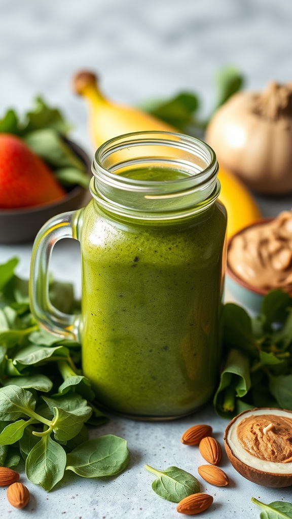 A green smoothie with spinach and almond butter in a jar, surrounded by fresh fruits and nuts.