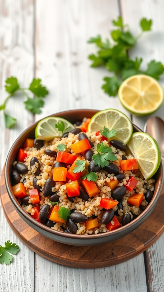 A bowl of quinoa and black beans with colorful diced peppers and lime wedges