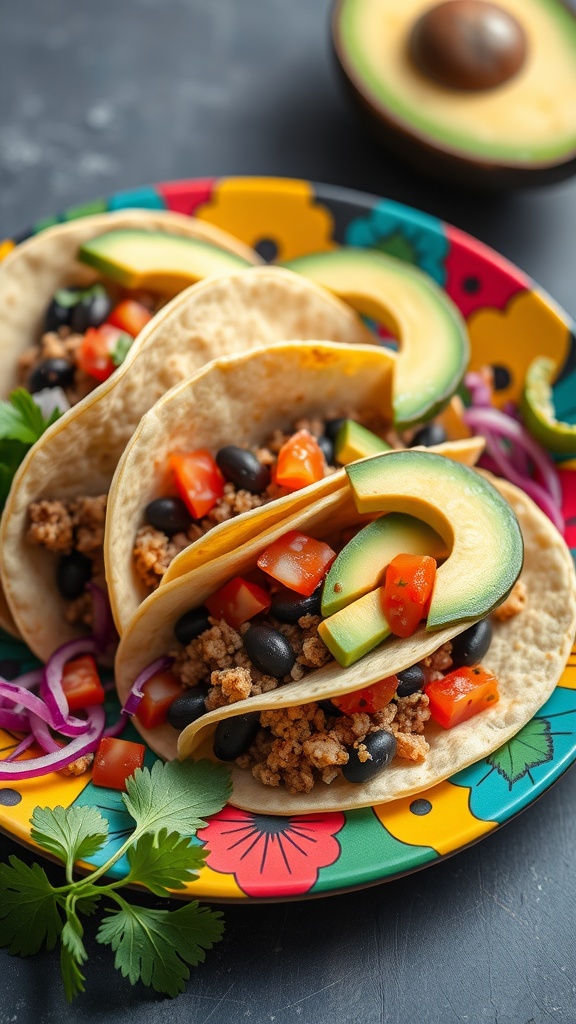 Quinoa and black bean breakfast tacos with avocado, tomatoes, and onions on a colorful plate.