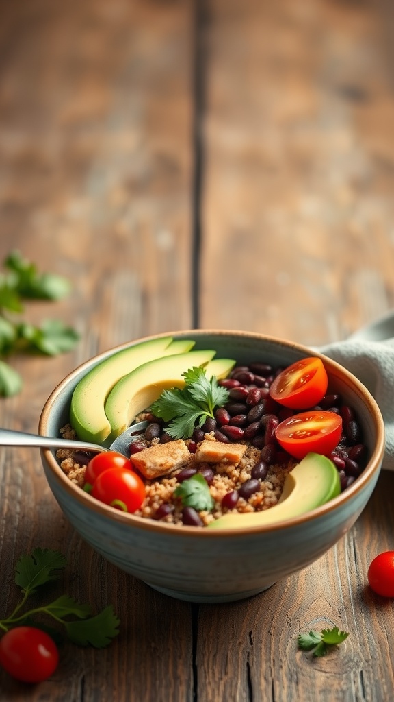 A colorful quinoa and black bean power bowl topped with avocado slices, cherry tomatoes, and fresh cilantro.