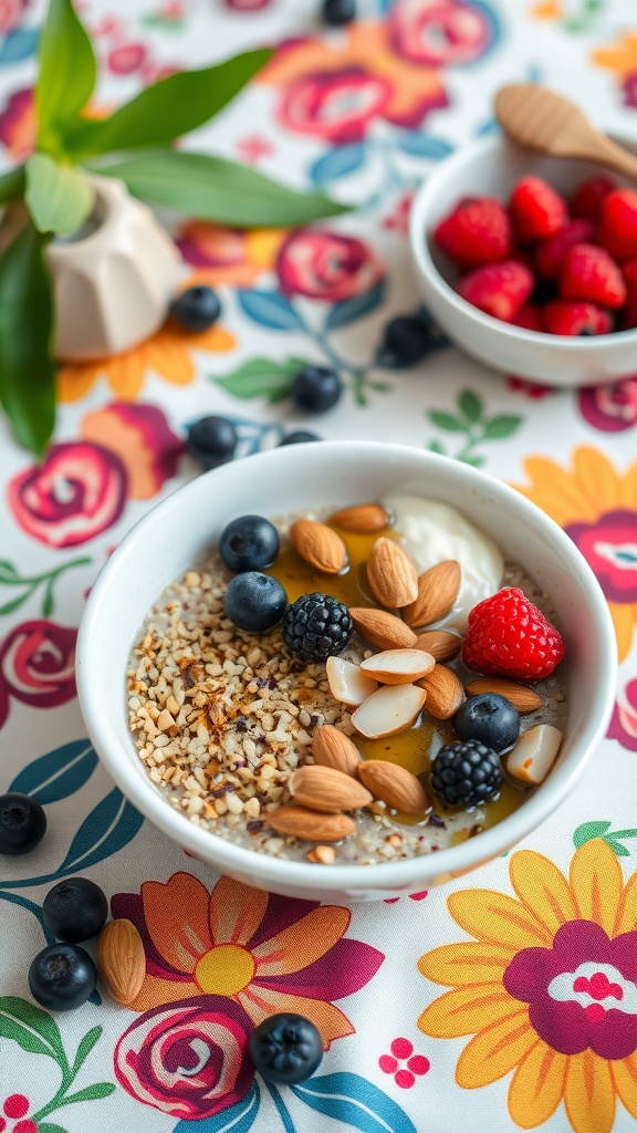 A quinoa breakfast bowl topped with almonds and berries on a colorful floral tablecloth.