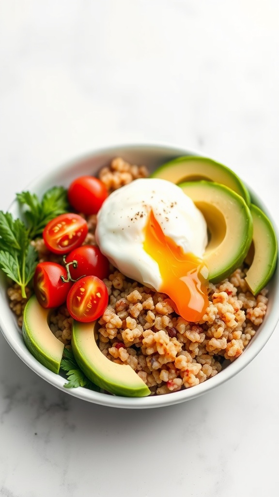 A delicious quinoa breakfast bowl topped with avocado, cherry tomatoes, and a poached egg.