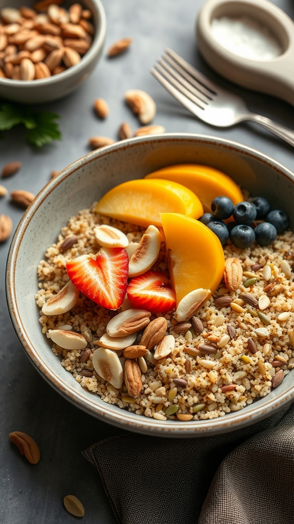 A delicious quinoa breakfast bowl topped with fruits and nuts