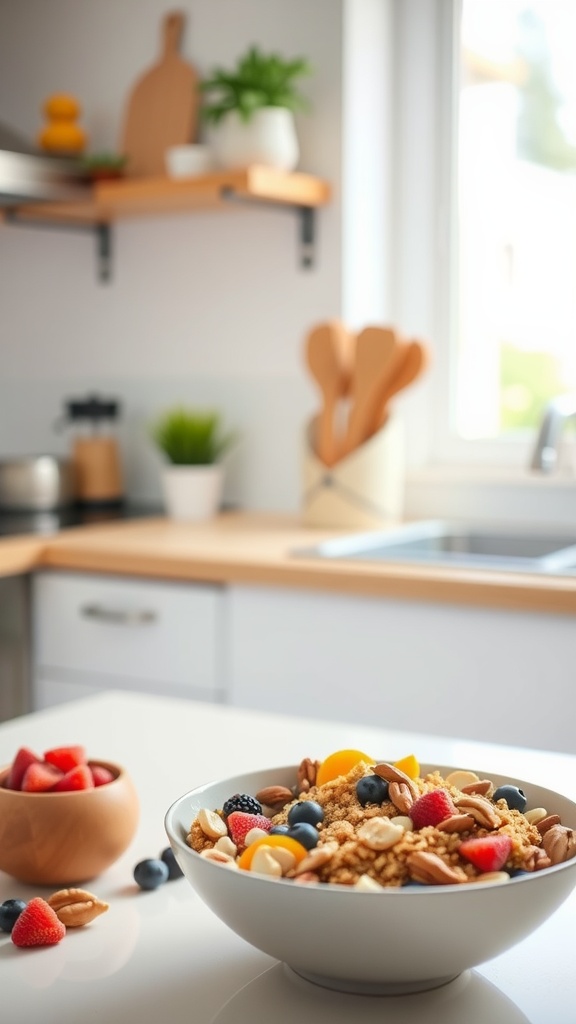 A delicious quinoa breakfast bowl filled with a variety of fruits and nuts, ready to be enjoyed.