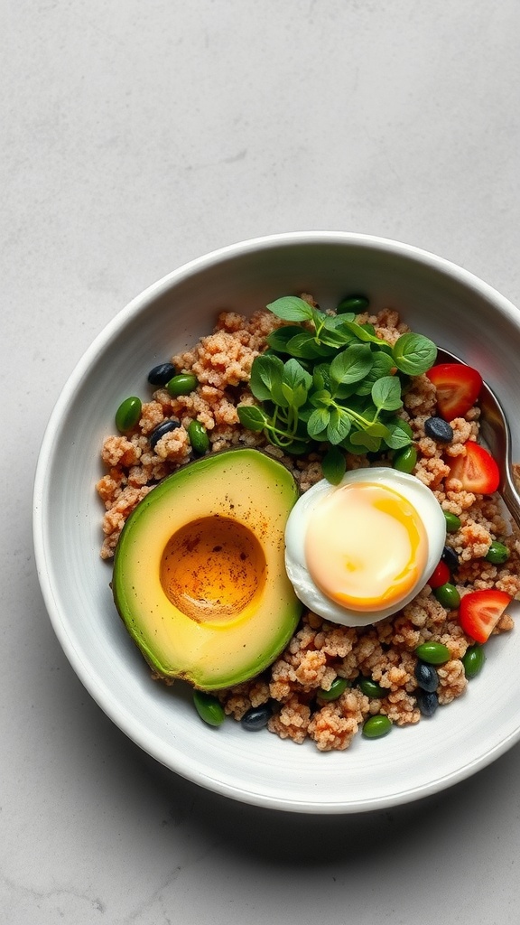 A healthy quinoa breakfast bowl featuring avocado, soft-boiled eggs, cherry tomatoes, and green onions.