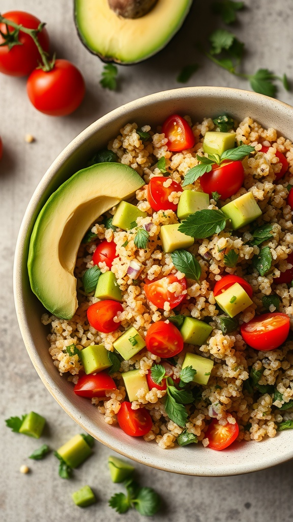 A colorful quinoa salad with avocado and cherry tomatoes served in a bowl.