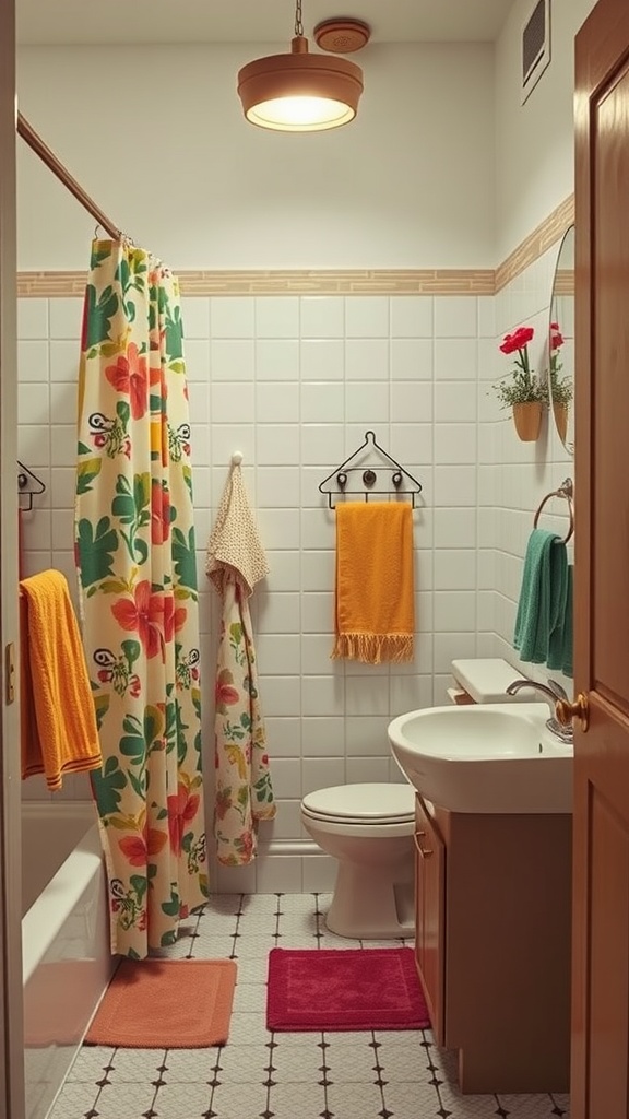 A vintage bathroom featuring vibrant accessories and decor.