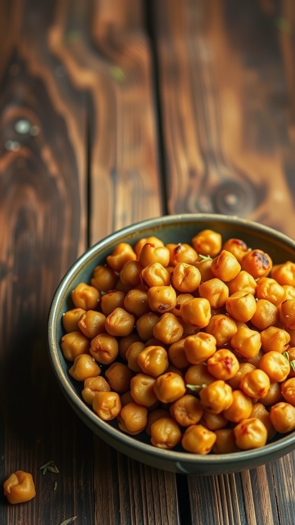 A bowl of crispy roasted chickpeas seasoned with spices, perfect for a healthy snack.