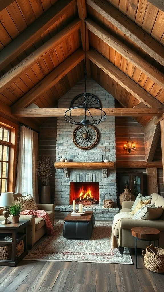 Cozy living room with rustic beams and soft textiles.