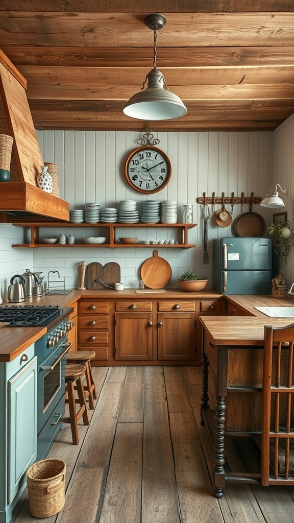 A rustic kitchen featuring wooden cabinets, open shelves, a vintage clock, and a traditional cooking setup.