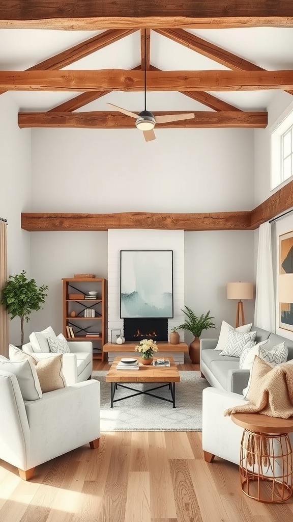 A living room featuring rustic wooden beams and neutral-toned furniture, creating a cozy atmosphere.