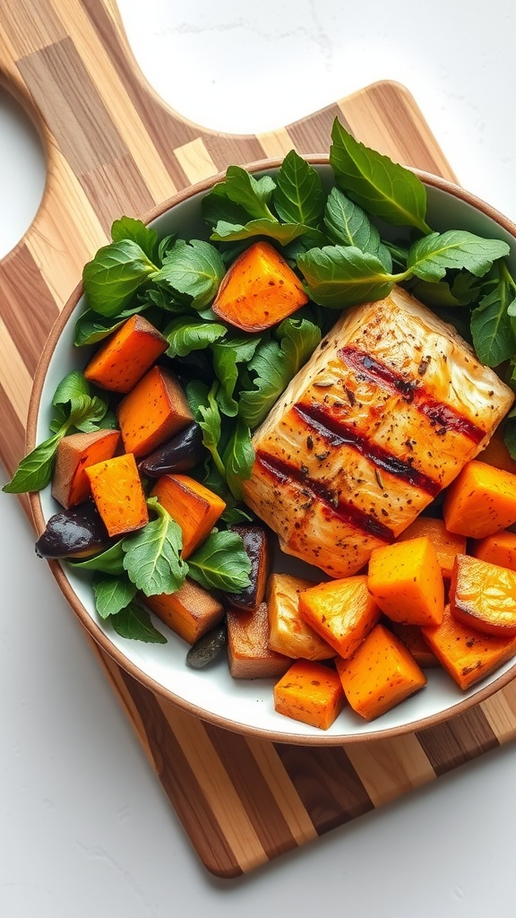 A nourishing bowl featuring salmon, sweet potatoes, and fresh greens.