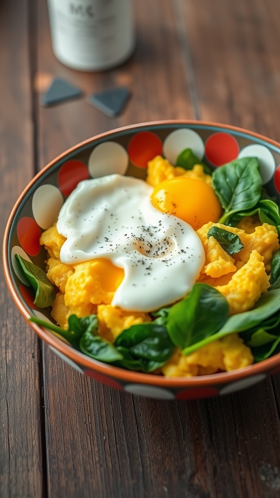 A bowl with scrambled eggs and spinach, topped with a poached egg.