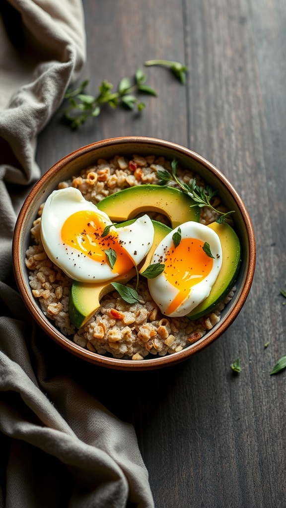 A bowl of savory oatmeal topped with avocado slices and soft-boiled eggs, garnished with fresh herbs.