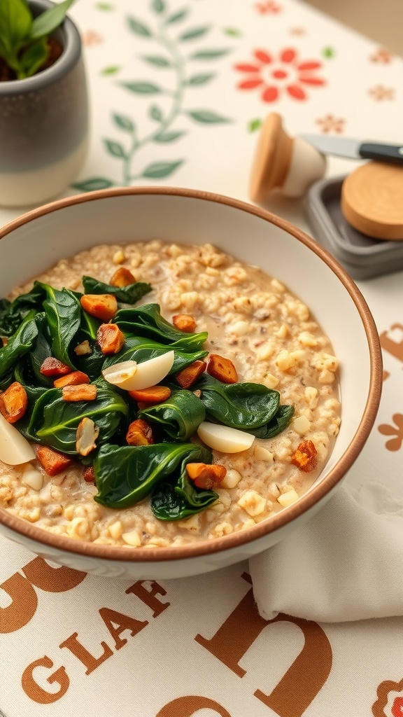 A bowl of savory oatmeal topped with spinach and garlic.