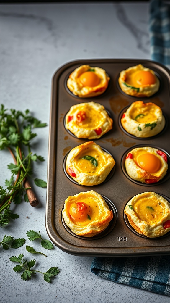 Savory vegetable egg muffins in a muffin tin with fresh herbs and a blue checkered towel.