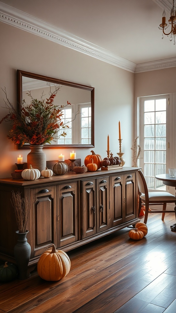 A wooden sideboard decorated for autumn with pumpkins, candles, and a floral arrangement.