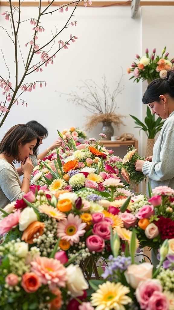 Group of individuals engaged in a flower arranging workshop, surrounded by colorful flowers and greenery.