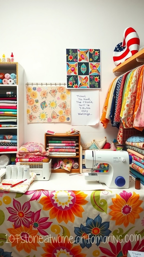 Colorful sewing and textile area featuring fabrics, a sewing machine, and vibrant patterns.