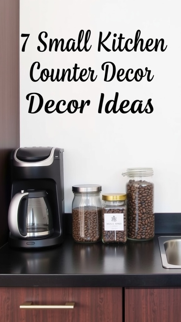 A stylish coffee station featuring a coffee maker and jars of coffee beans on a countertop.