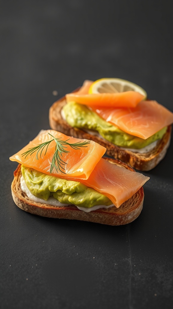 A close-up of smoked salmon and avocado toast garnished with dill.