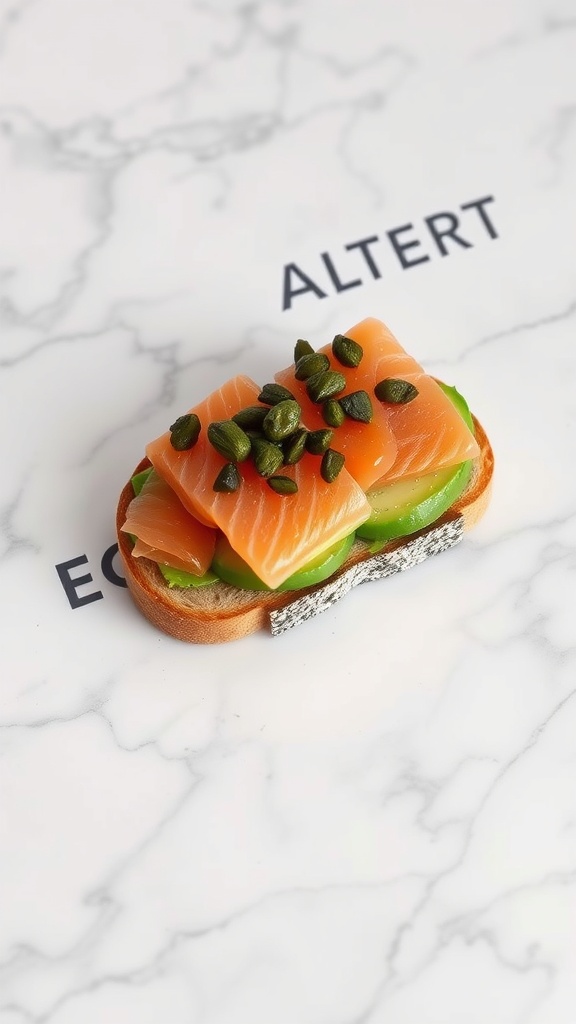 Smoked salmon and avocado toast on a marble background.