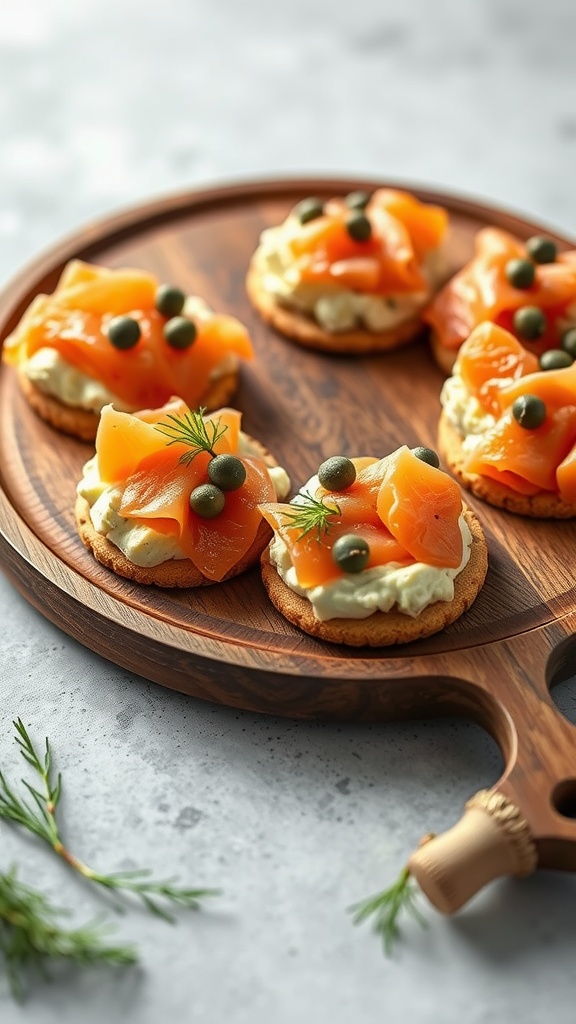 Smoked salmon egg salad served on rye crackers with capers and dill