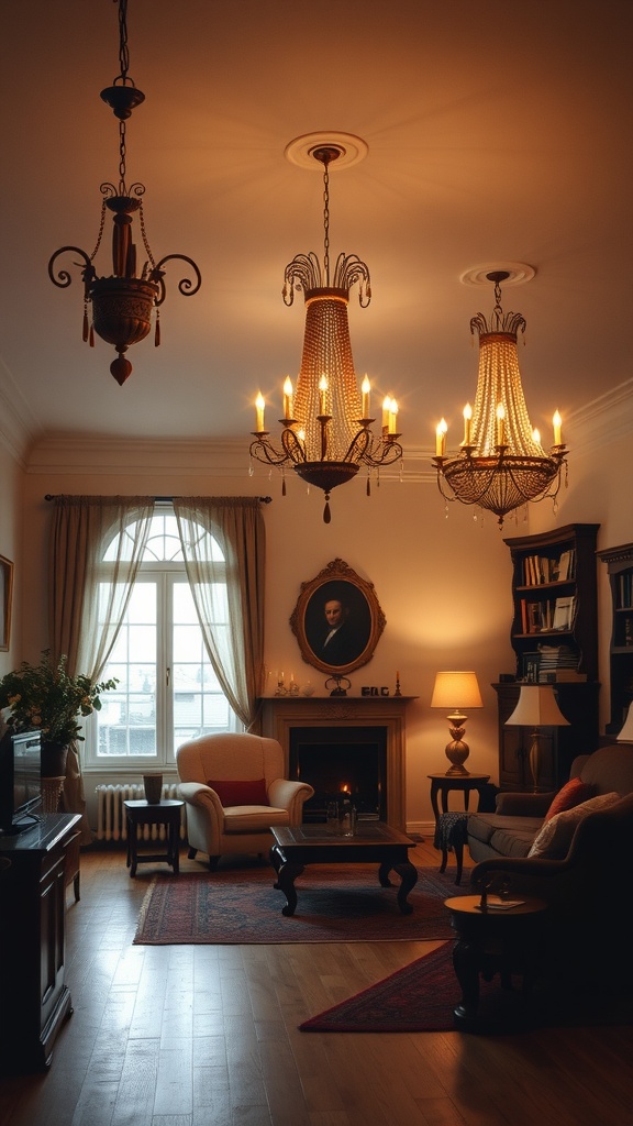 A cozy living room featuring chandeliers that provide soft lighting.