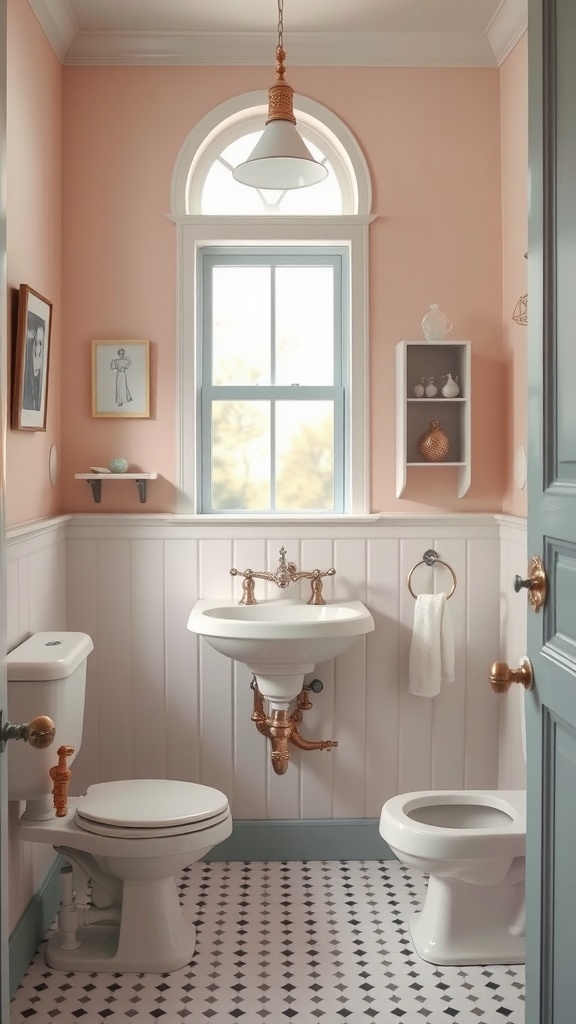 A vintage bathroom featuring soft pastel colors with elegant fixtures and decor.