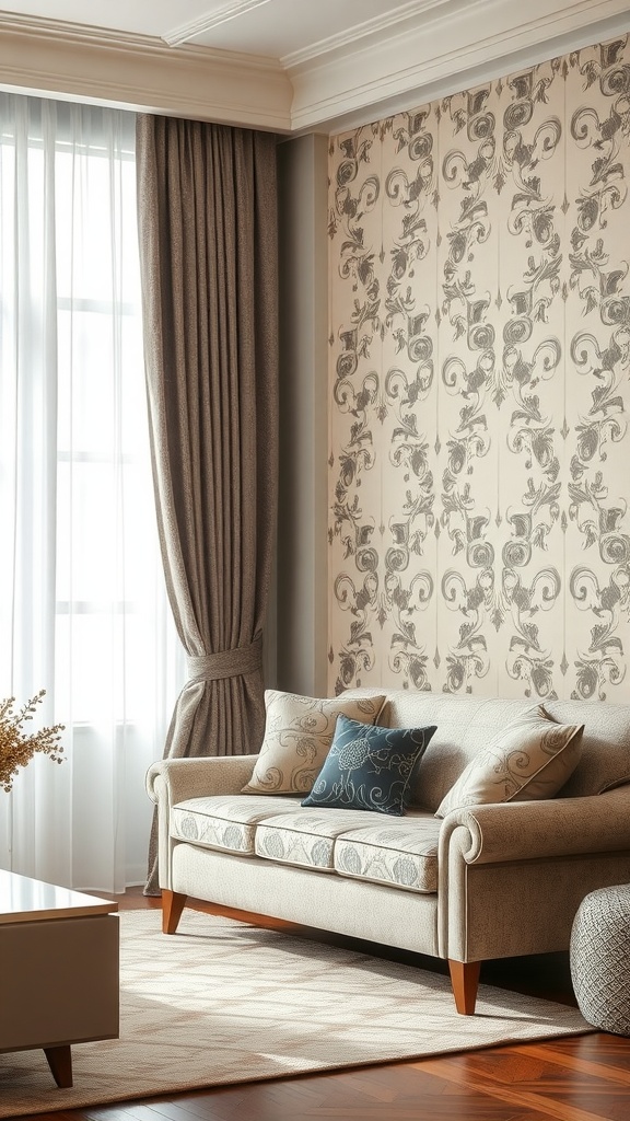 A cozy living room with patterned upholstery and curtains, showcasing a blend of comfort and elegance.