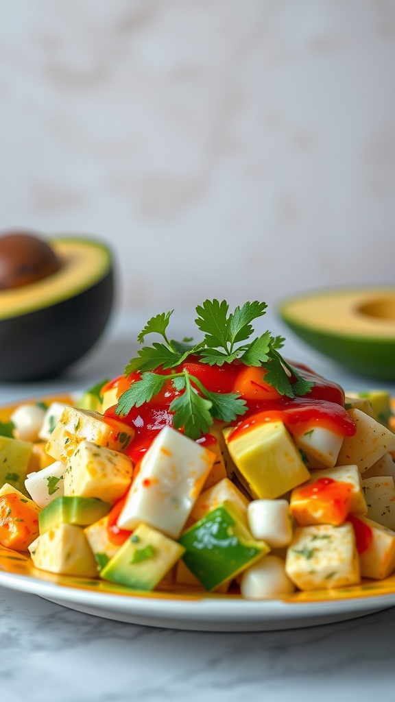 A vibrant plate of spicy sriracha egg salad with avocado and cilantro garnished on top.