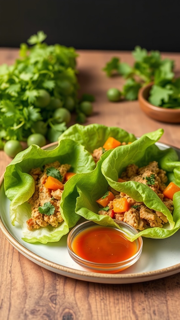 A plate of spicy turkey lettuce wraps with a side of dipping sauce.